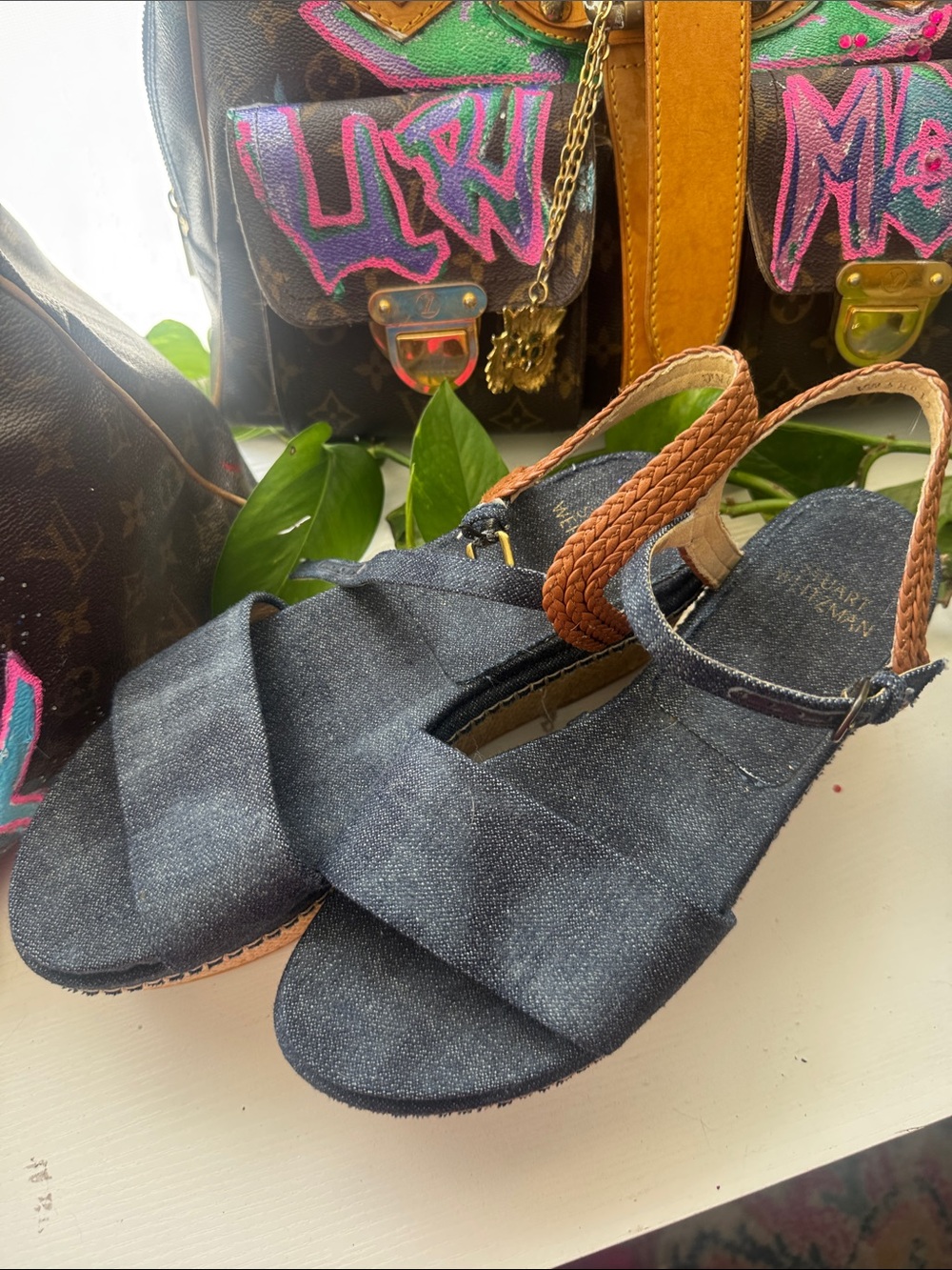 Stuart Weitzman Denim Blue Sandal with Tan Braided Slingback